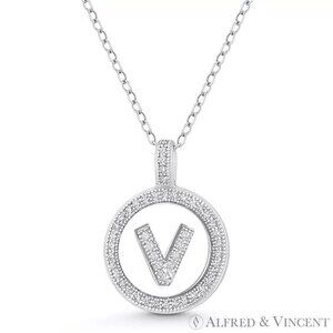 Initial Letter "V" CZ Crystal Pave Pendant in .925 Sterling Silver w/ Rhodium